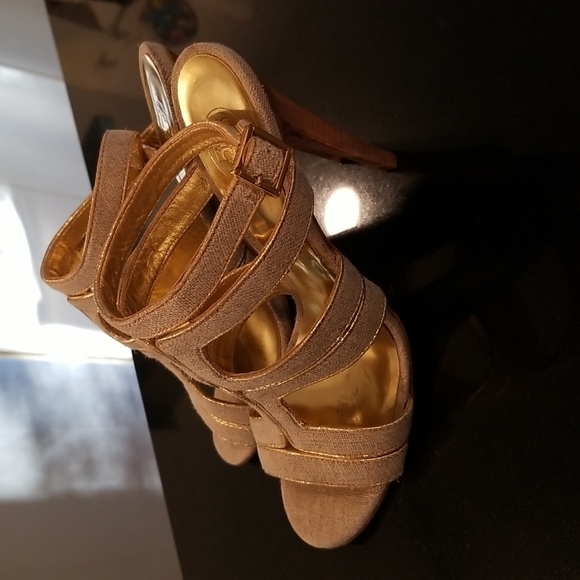 💕TORY BURCH💕 Leather Cage Sandal Heels ~ Open Toe Canvas & Gold 7.5 - Picture 9 of 14